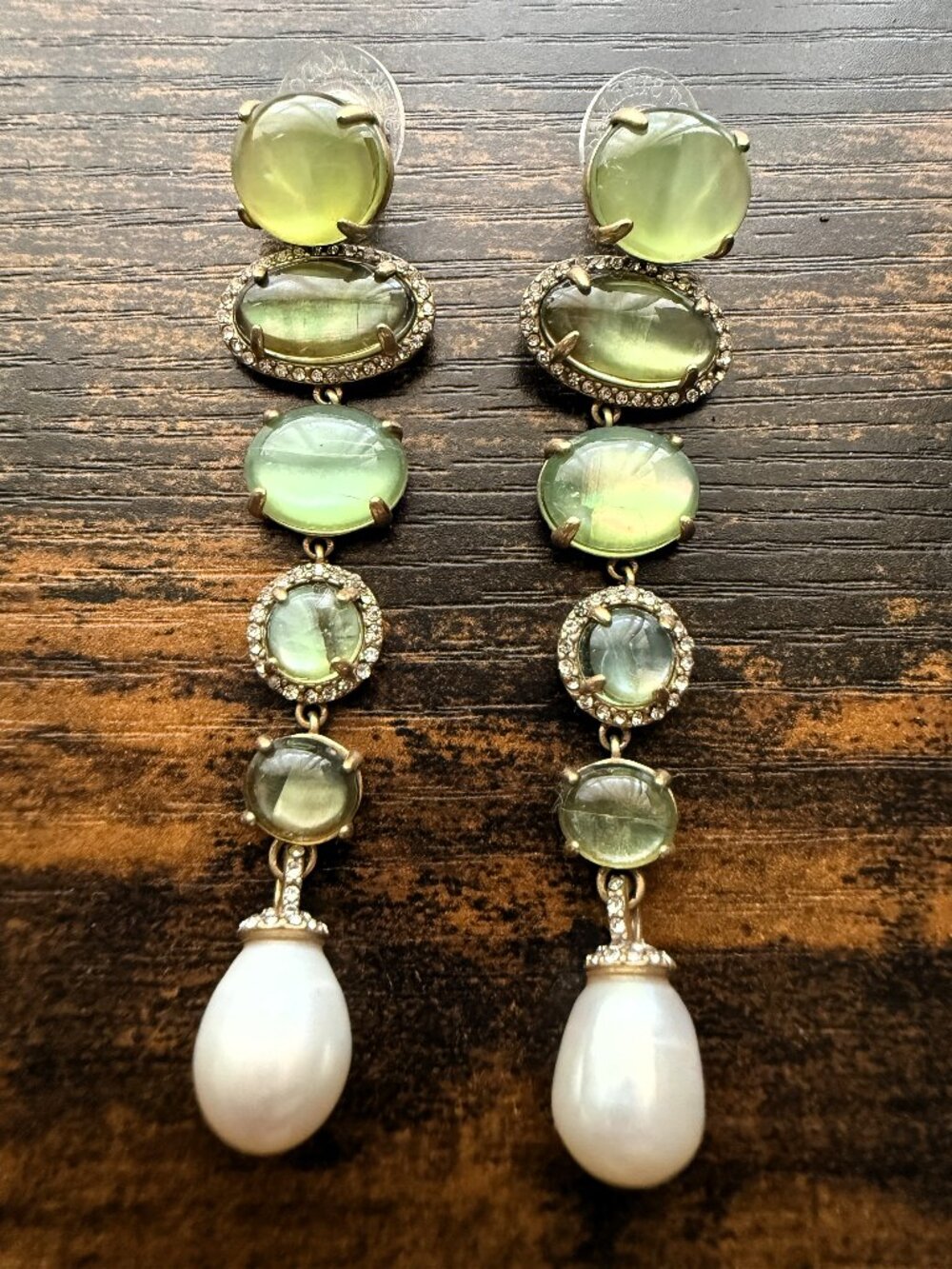 Stella & Dot Gem Linear Drop Earrings Green Stones Pearl Accent